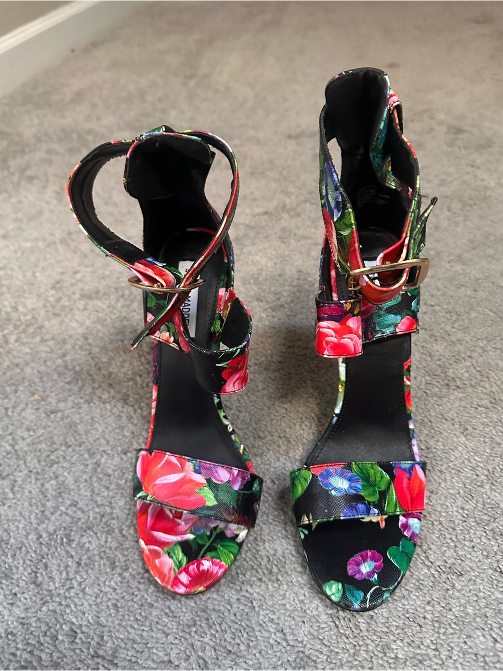 Steve Madden Floral Ankle-Strap Heels - Black with Red, Green, Blue Accents - Picture 4 of 10